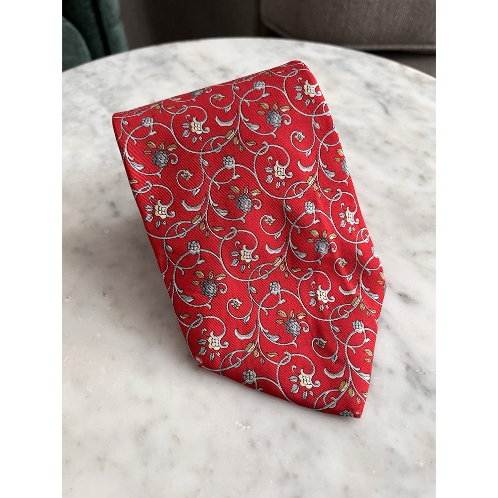 Nina Ricci Paris Mens Silk Tie Red Silver‎ Floral Vine Handmade France